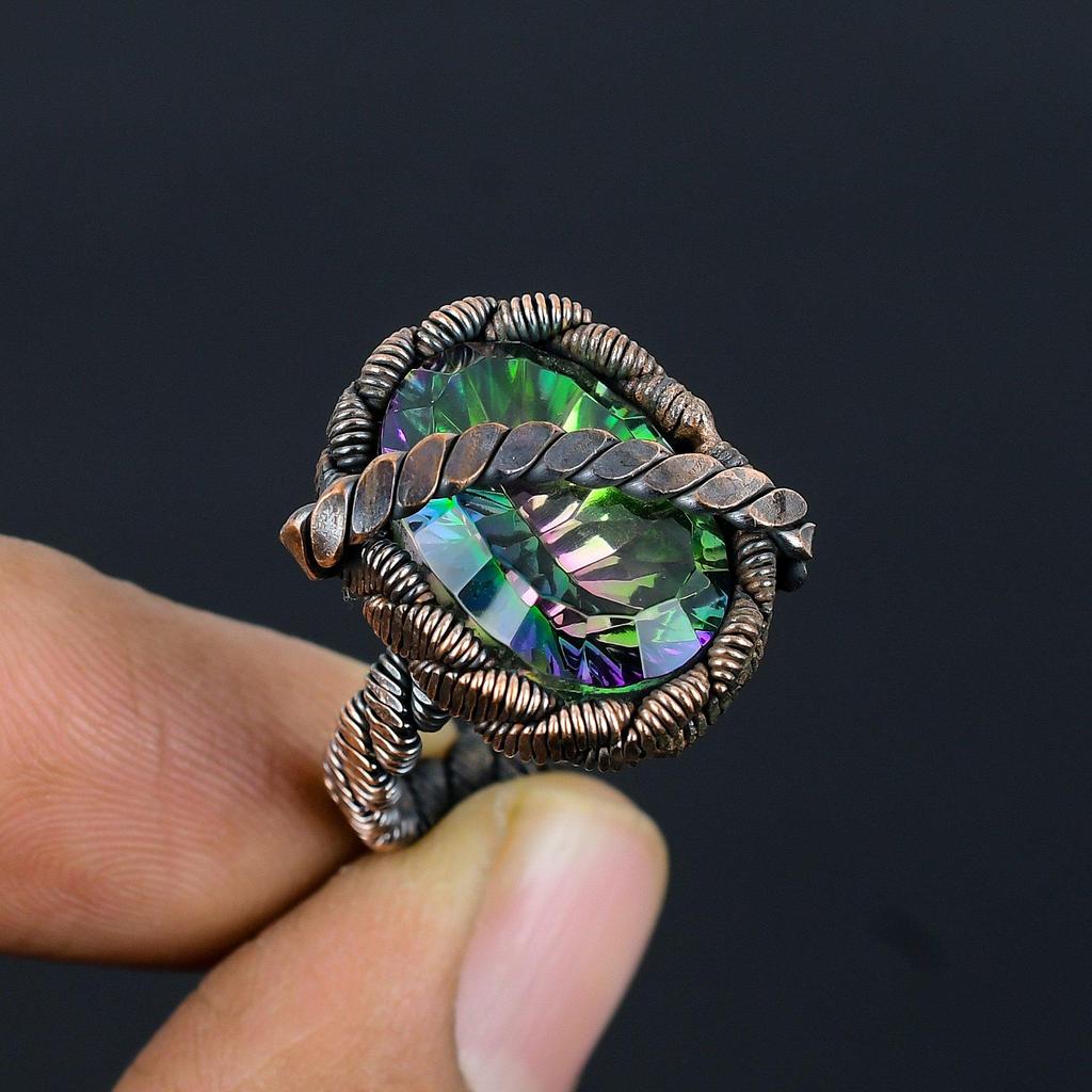 Mystic Topaz Gemstone Copper Wire Wrapped Handmade Jewelry Ring For Gift