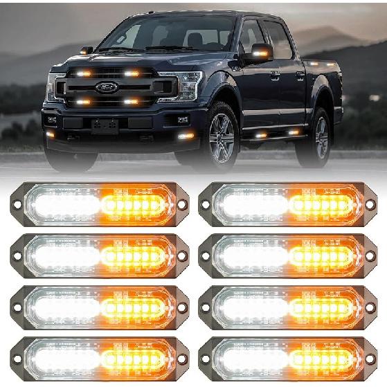 8Pcs Amber White Surface Mount Emergency Strobe Lights For Trucks, Ultra Slim Grille Warning Flashing Light Bar For Vehicles/Car