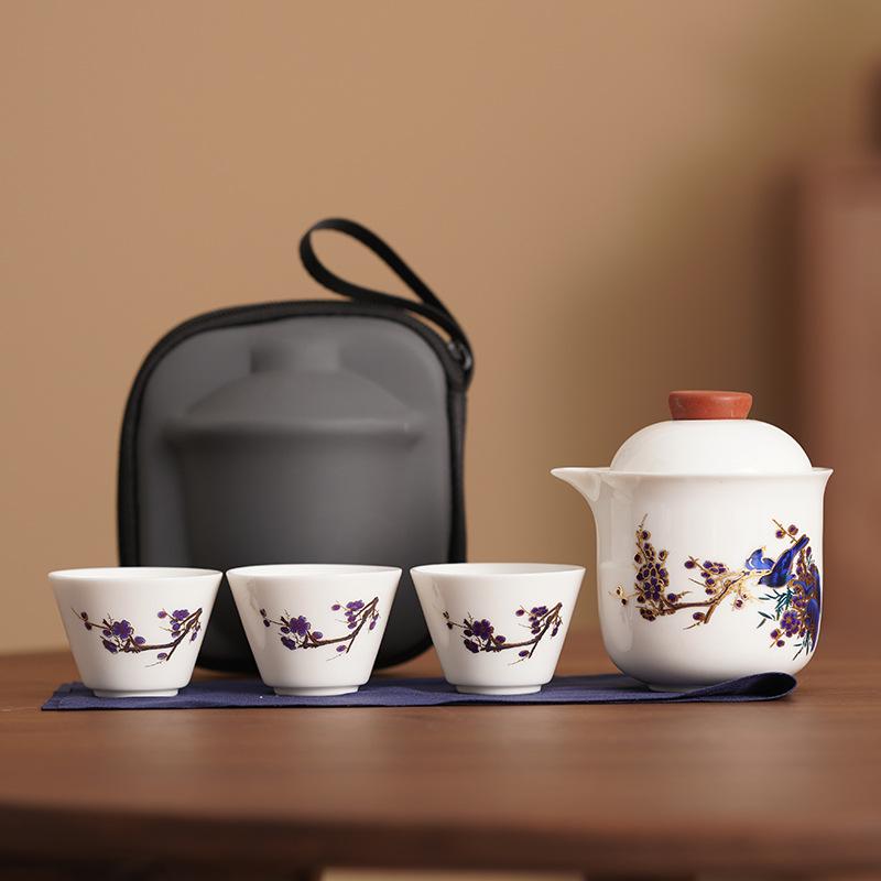 Blue and white travel tea set outdoor portable express cup one pot three cups kung fu ceramic small gift print