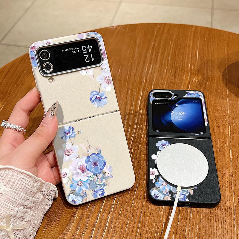 Leather Texture TPU Case For Magsafe For Samsung Galaxy Z Flip 6 5 4 3 5G Flip6 Flip5 Flip4 Blue Flower Patterned Folding Cover