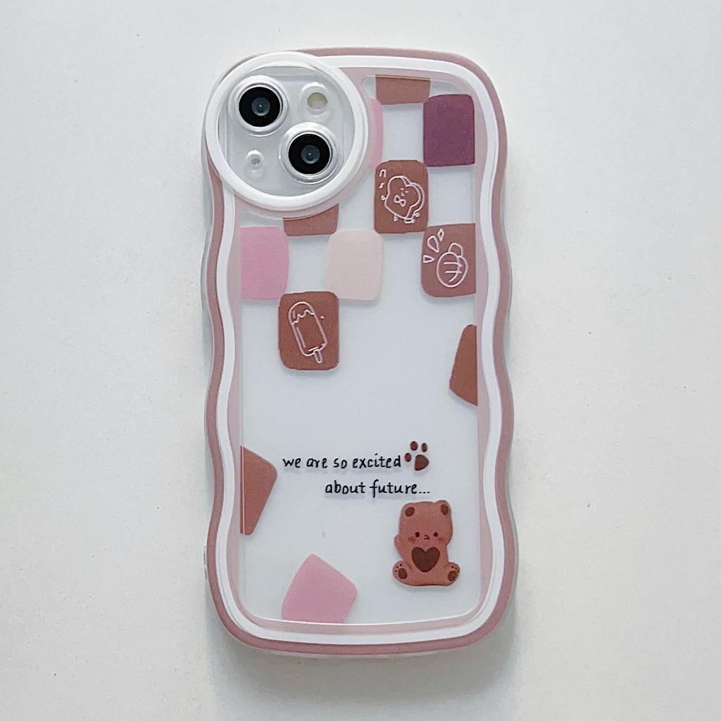 Transparent Wave Edge Painted Silicone Case for Xiaomi Redmi Note 10 11 12 iPhone 15 14 13 11 Samsung A54 A34 A24 Funda Cat Piggy Bear Cover Bumper