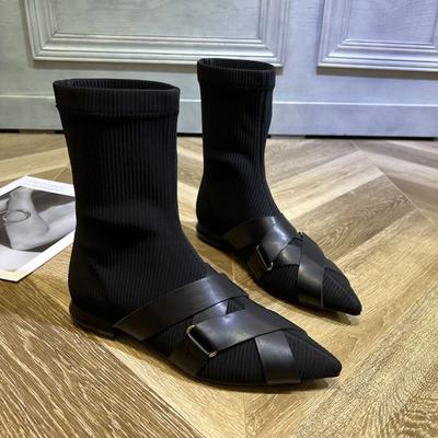 2024 Европейская станция Осень и Зима Новые Остроносые Плоские Удобные Универсальные Эластичные Ботильоны для Женщин Тонкие Сапоги для Верховой Езды