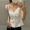 Korean Fashion Lace T-shirt Grunge Fairycore Corset Tops V-neck Patchwork Y2k Tops Kawaii Puff Sleeve Tee Shirt Vintage