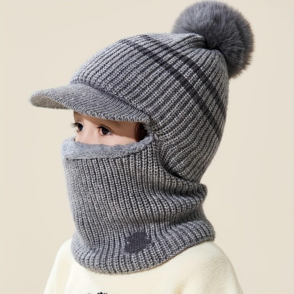Pom Pom Detail Knitted Hat Scarf Set Ear Protection Design Integrated Balaclava Hat  Outdoor Play