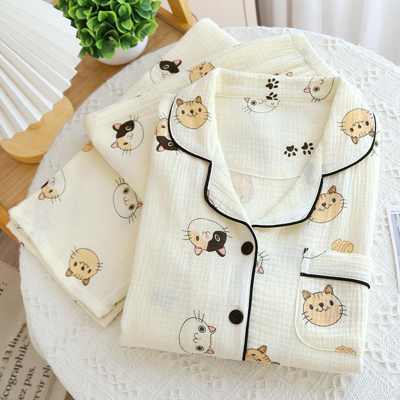 Весна/лето Женская пижама с длинным рукавом 2 предмета 100% хлопок креп пижама милый принт кота милая домашняя одежда одежда для сна