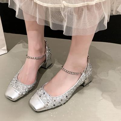 Мода Мода Боковые Пустые Одиночные Туфли Лето Новые Квадратный Носок Мелкий Вырез Ткань с Пайетками Кристальная Пряжка Нескользящие Туфли на Квадратном Каблуке