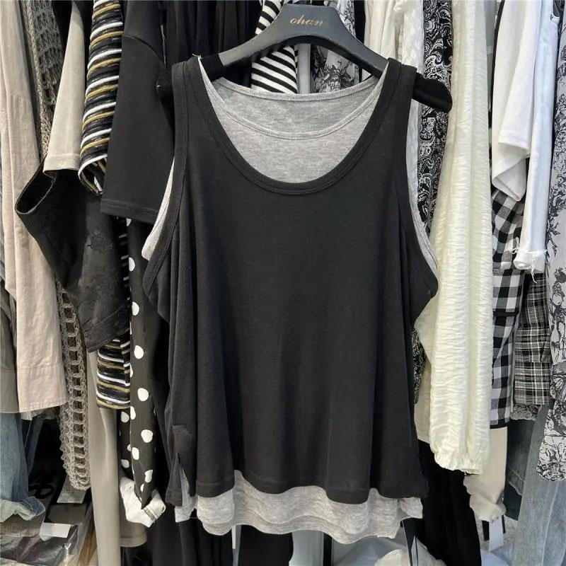 Жилет большого размера, женская майка без рукавов, винтажный свободный поддельный двухсекционный жилет, повседневный жилет с V-образным вырезом