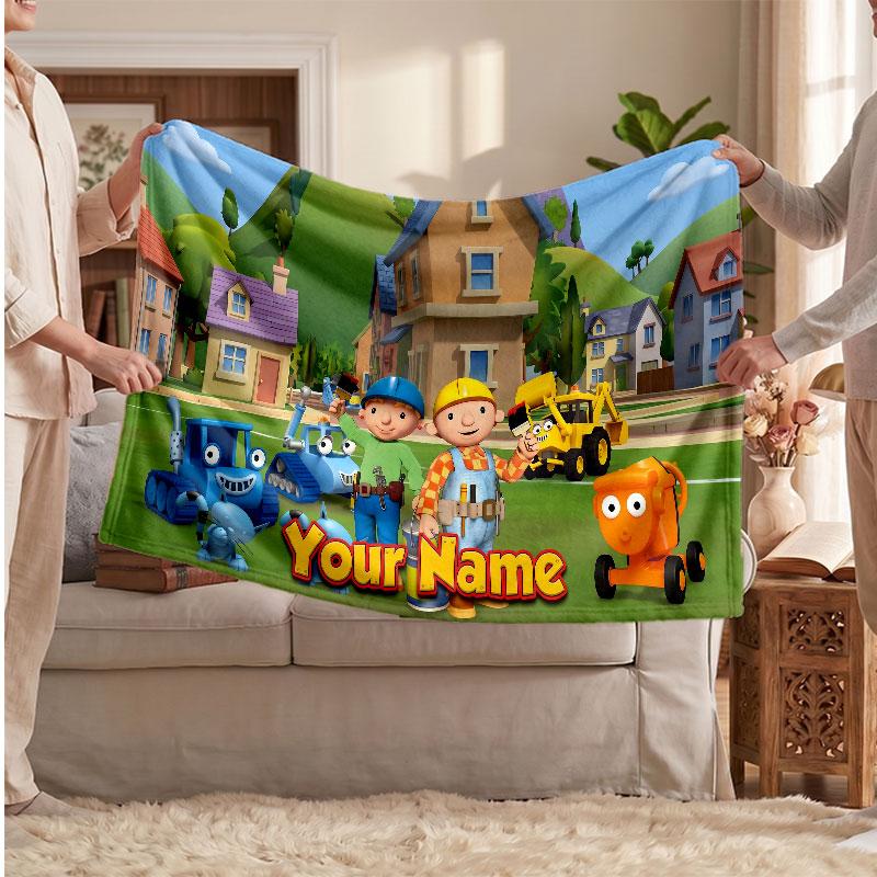 Bob the Builder Personalized Flannel Blanket, Custom Printed Text Name, Warm Soft Blanket For Couch Bed