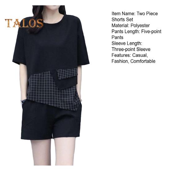 Женский летний комплект из двух предметов: свободный топ с короткими рукавами и круглым вырезом в клетку, широкие шорты, повседневный спортивный костюм для отдыха