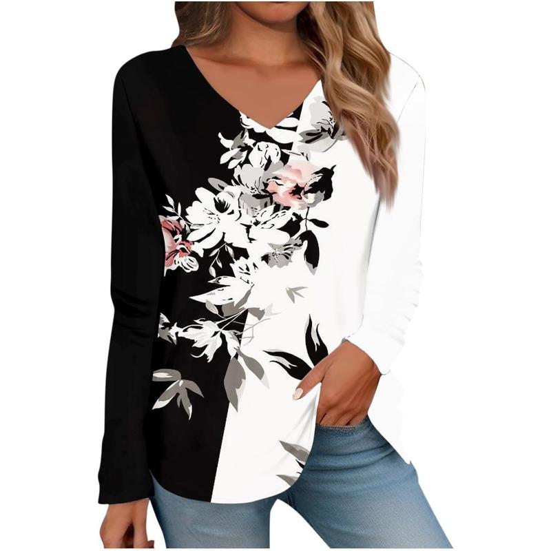 Womens Long Sleeve Tops V Neck Shirts Casual 3D Flower Print Basic Trendy Tee Blouses Fall Tunic Outfits Fitted T Shirts