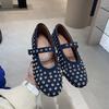 Cowhide Version~ Round Head One-word Buckle Band Ballet Shoes Women's Full Diamond Flats Hollowed Out Mary Jane Single Shoes Fishing Net Shoes
