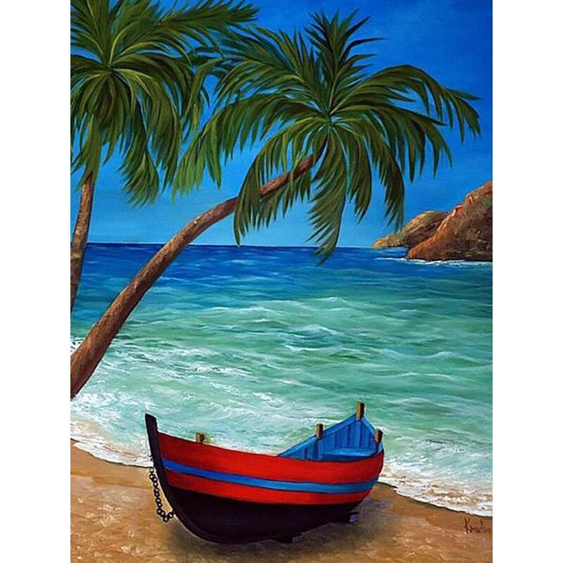 5D DIY Diamond Painting Sunset Boat View Diamond Embroidery Sea View Cross Stitch Flower Full Round Drill Home Decor Gift