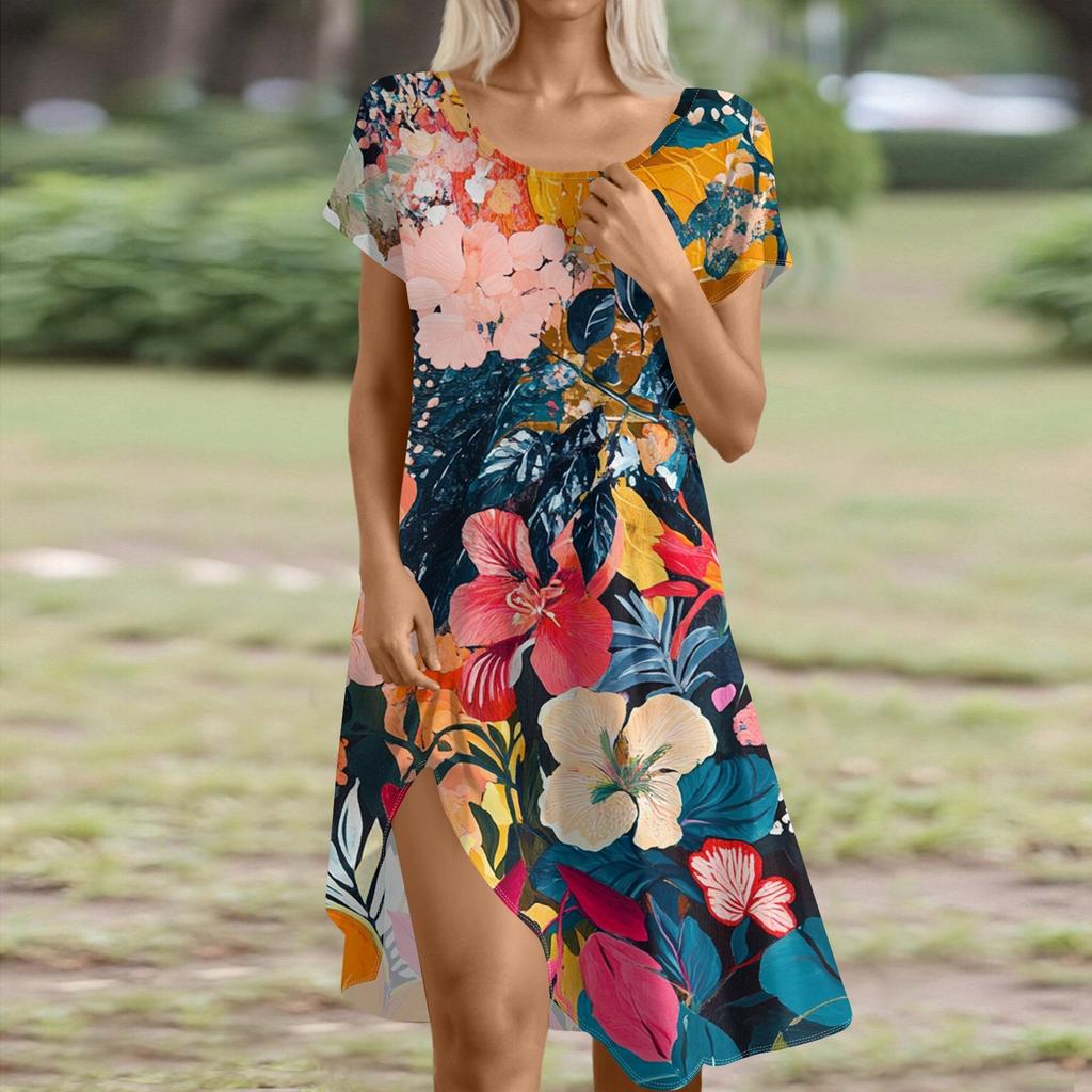 Платье в стиле бохо с коротким рукавом для женщин, повседневное, свободного кроя, летнее, сарафан с цветочным принтом и карманами