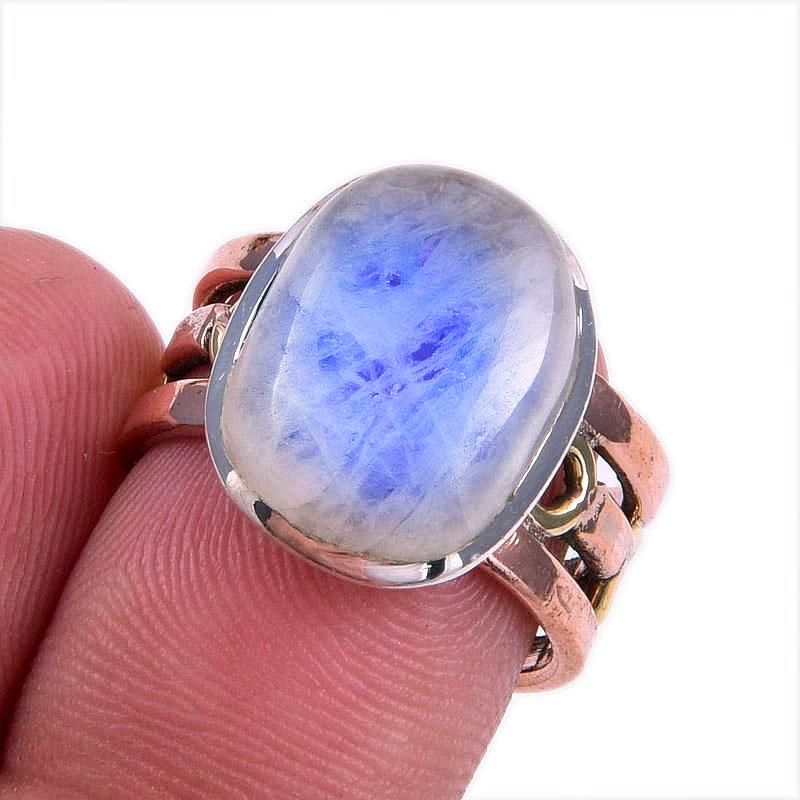 Natural Rainbow Moonstone Gemstone 925 Sterling Silver Two Tone Ring S.6.5 y8P88
