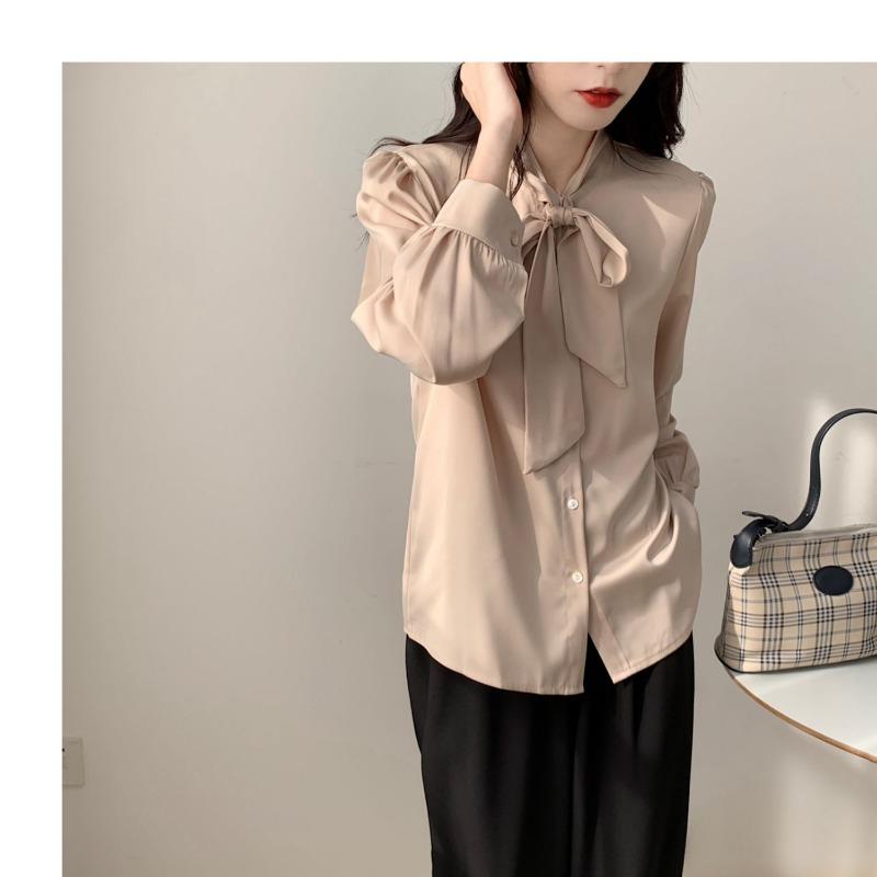 Модная элегантная женская рубашка с длинным рукавом и галстуком-бабочкой, весна-осень, свободная повседневная простая блузка больших размеров для офиса, женская одежда 2024 года, новая однотонная одежда 2585