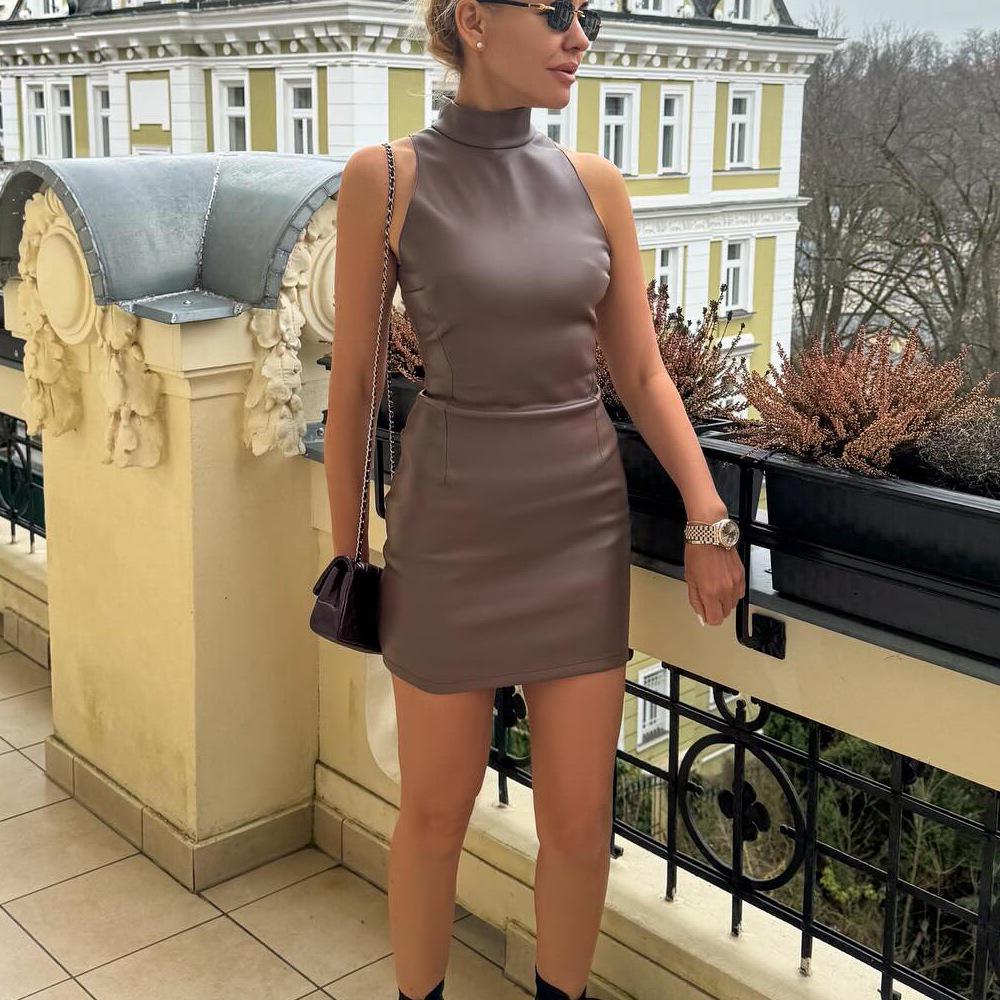 Европейская и американская женская модная узкая мини-юбка из искусственной кожи 2024 года - однотонная, платье для ночного клуба осень/зима