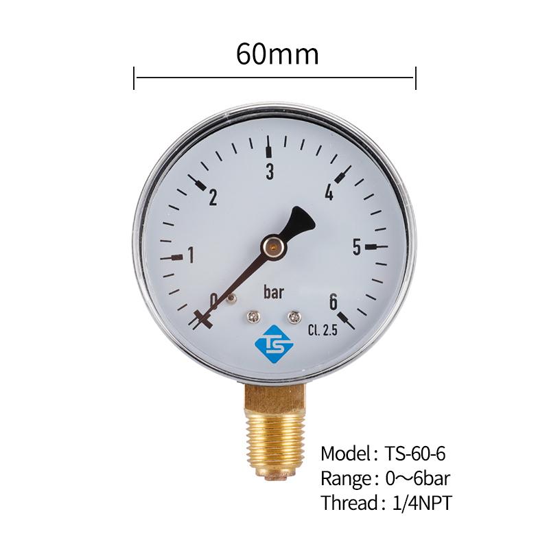 TS-60-6 60mm Large Dial Pressure Gauge 0-6 Bar Water/Gas/Air Pressure Gauge Compressor 1/4'' NPT Bottom Mount