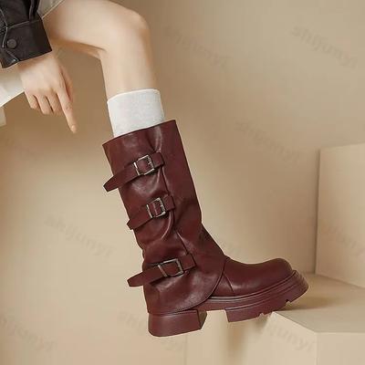 Мода 2025 Новые Зимние Панк Массивные Каблуки Дизайнерская Пряжка Сапоги для Верховой Езды Крутая Мода Уличные Сапоги до Колена Мотоциклетные Ботинки Обувь для Женщин
