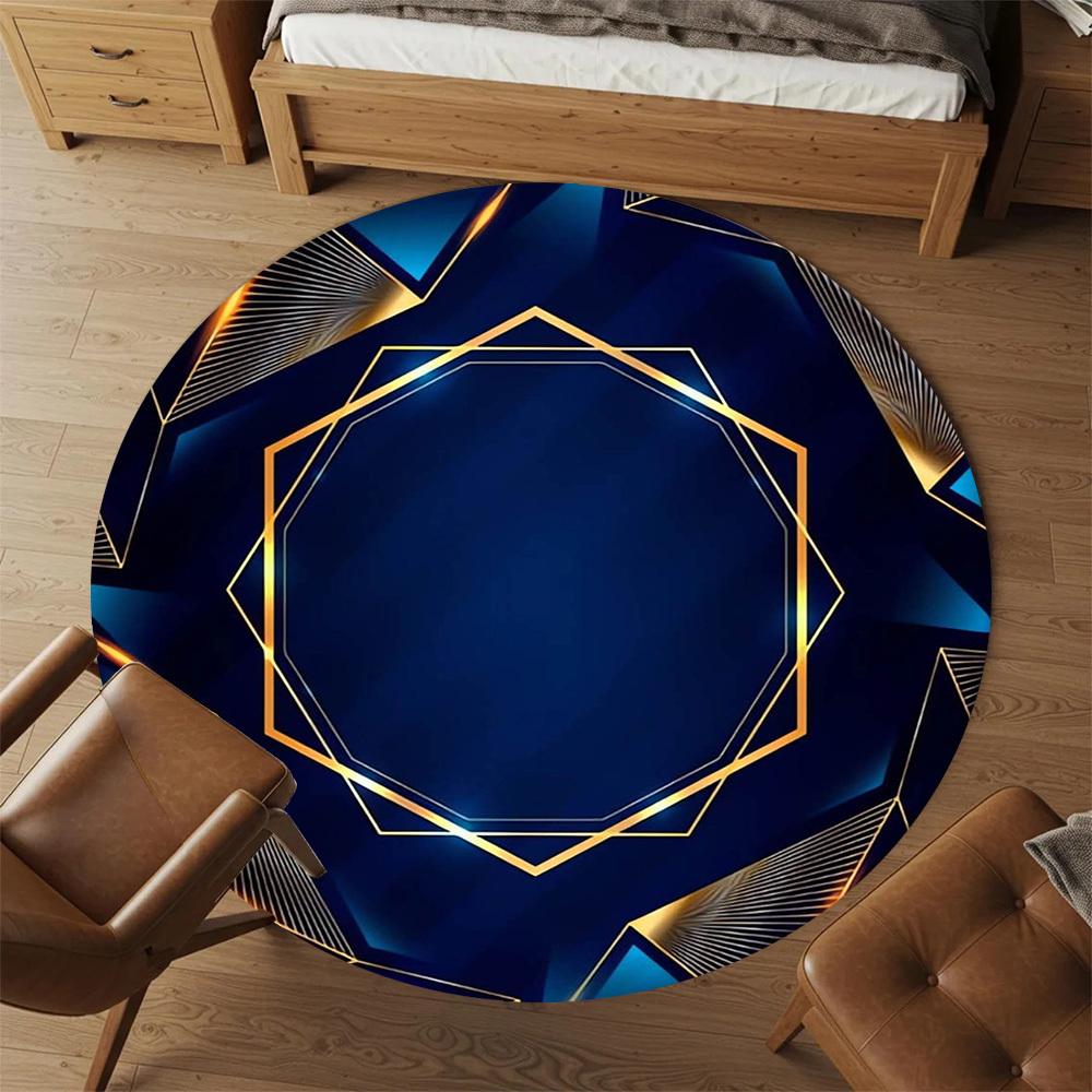 1pc Blue Gold Round Chair mat Area Rug - Non-Slip, Floor Mat for Office, Bedroom, home decor Christmas Gift p0811080