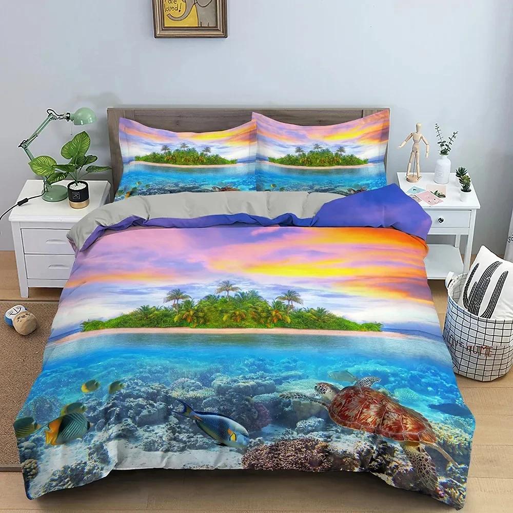 Luxury New 3D Print Beach Starfish Duvet Cover Set Queen Blue Cute Ocean Creatures Bedding Set Sea Shells Starfish Cover