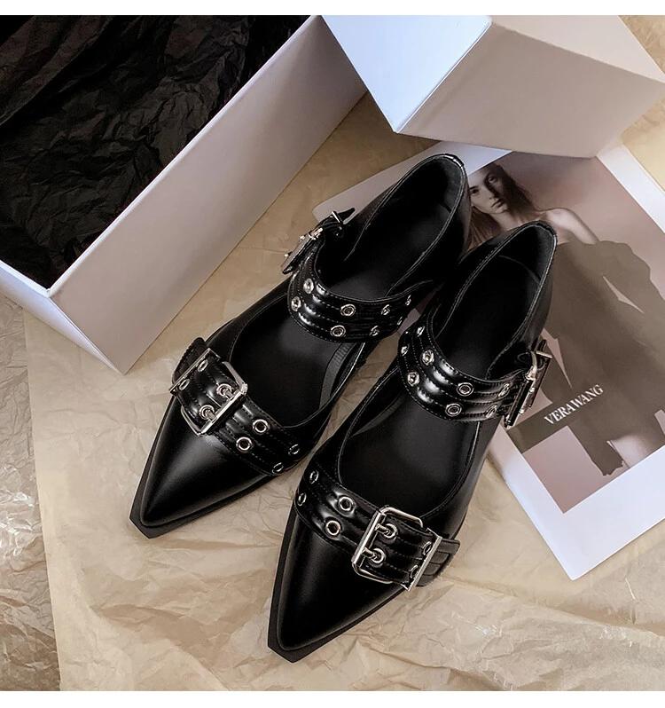 Women Genuine Cow Leather Flats Shoes Big Square Metal Double-Buckle Shoe New Punk Ladies Footwear Spring 2025 Handmade