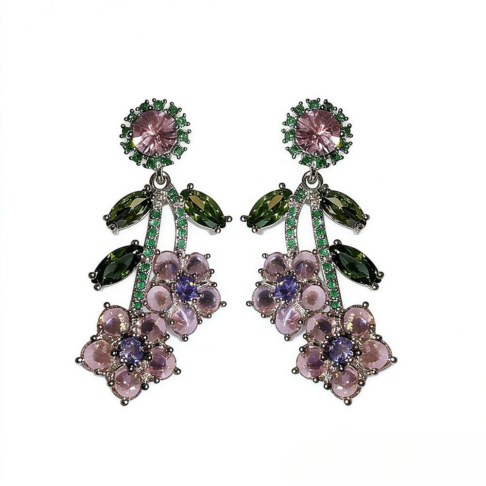 2026 Spring Cherry Blossom Earrings, Micro Pave Zircon Pink Green Crystal Silver Needle Studs