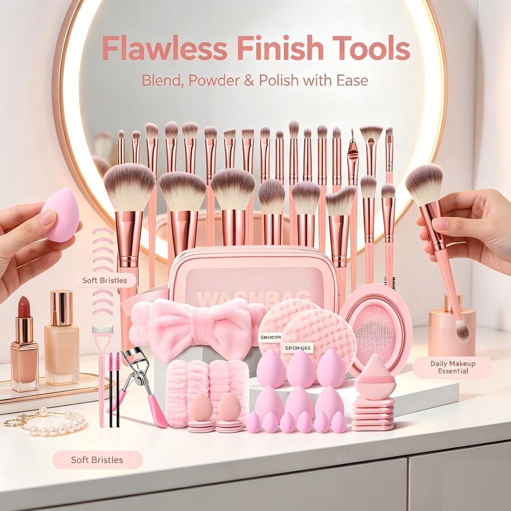 Custom Logo 70Pcs Makeup Brush Gift Set, Cleaning Kit, Cosmetic Bag, Hairband, Wrist Strap, Sponge Eyelash Curler,