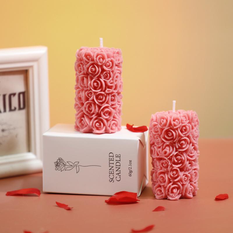 Handmade Rose Column Aromatherapy Candle - Carved, Smokeless, Fragrant, Decorative Ornament and Gift.