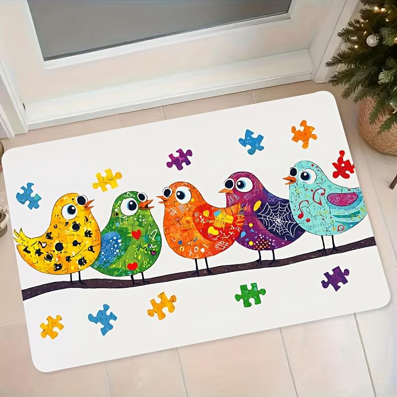 1pc Flannel Mat Multicolor Puzzle Bird Pattern Entrance Door Mat Bathroom Bedroom Non-Slip Water-Absorbing Foot Mat Home Foyer Door Mat