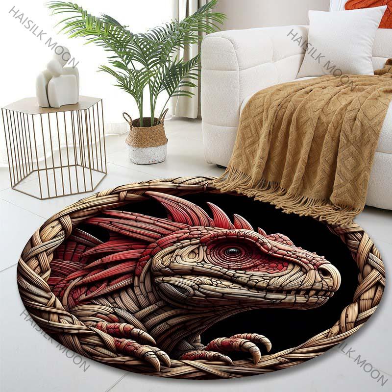 Multiple sizes Dinosaur Art in Wood Carving Style Print Round Carpet Living Room Bedroom Table Chair Sofa Decorative Carpet