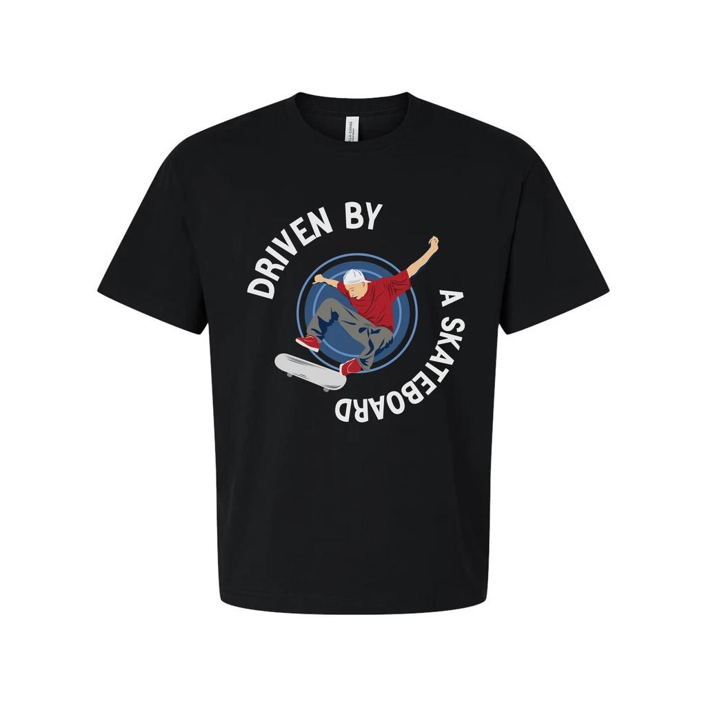 Skateboarder Graphic Tee With Circular Emblem Reading Driven By A Skateboard For