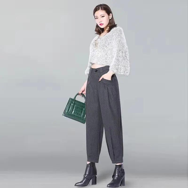 Женские осенне-зимние свободные утолщенные брюки-харен с высокой талией, теплые широкие брюки для поездок на работу