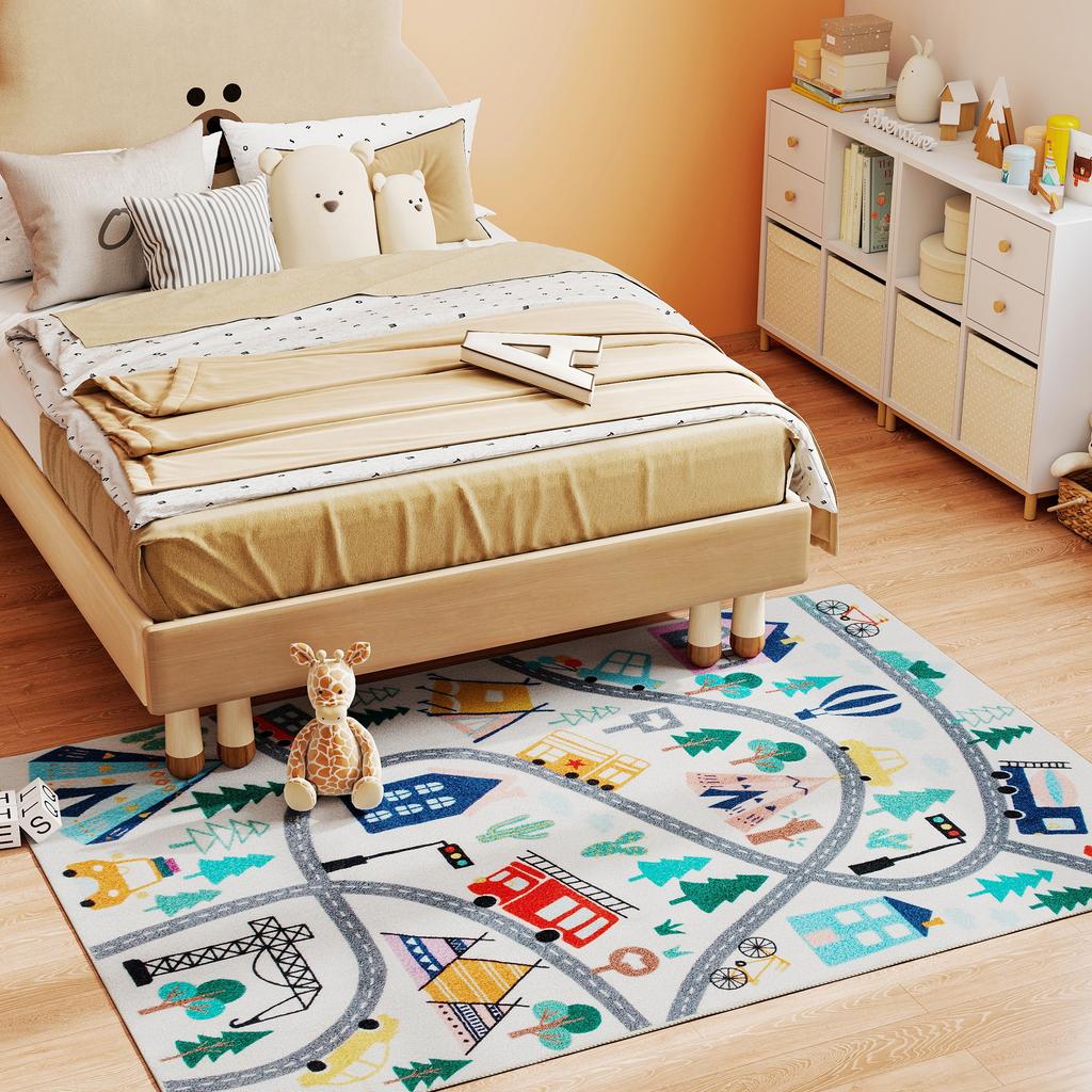Rug with Highway Pattern, White Background, Soft Fleece, Easy Care, Multicolor