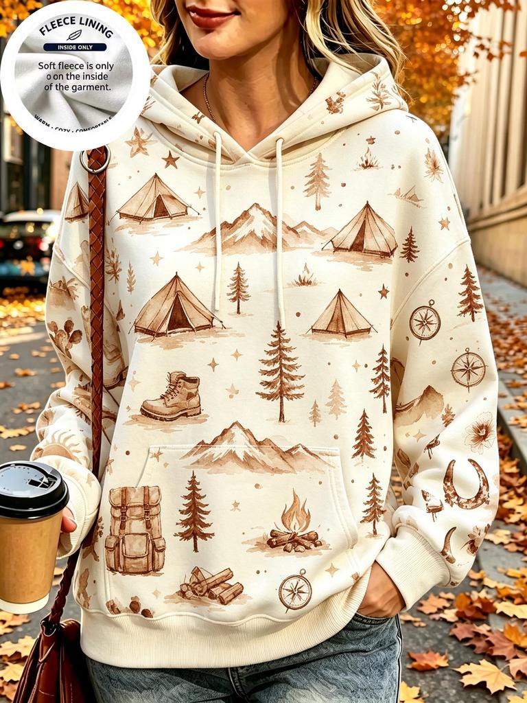 Women Fleece Hoodie, Vintage Watercolor Camping Western Cowboy Print Hooded Sweatshirt Outdoor Landscape Pullover