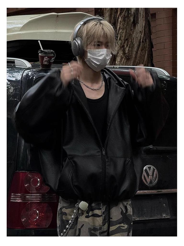 Мужская ретро черная куртка с капюшоном из искусственной кожи - Весенне-осенний бейсбольный стиль