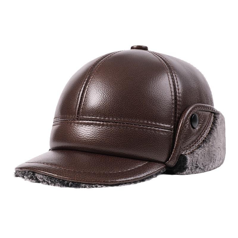 Men Genuine Cowhide Leather Winter Hat Thick Warm Trapper Cap with Ear Flaps Outdoor Windproof Baseball Bomber Hat for Elderly