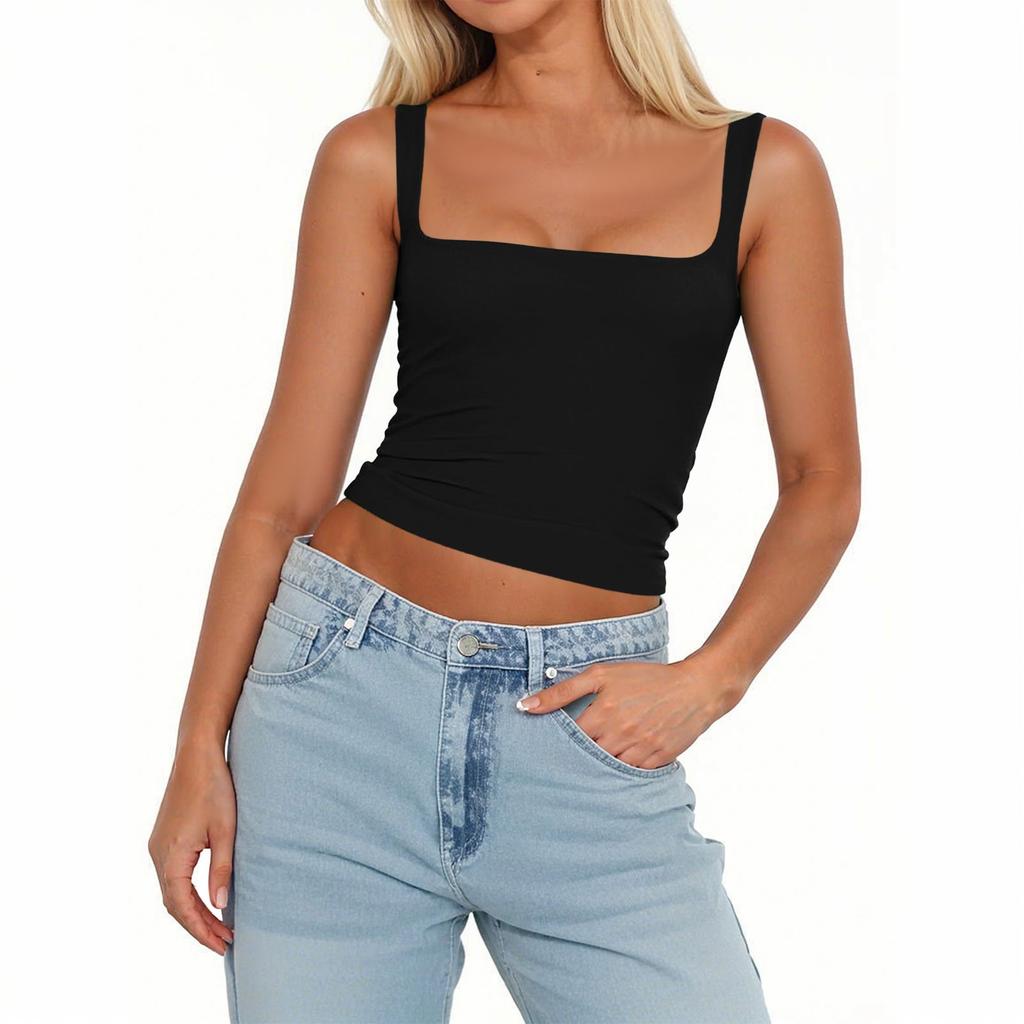 Женская мода без рукавов квадратный вырез сексуальный тонкий жилет однотонный пуловер топ