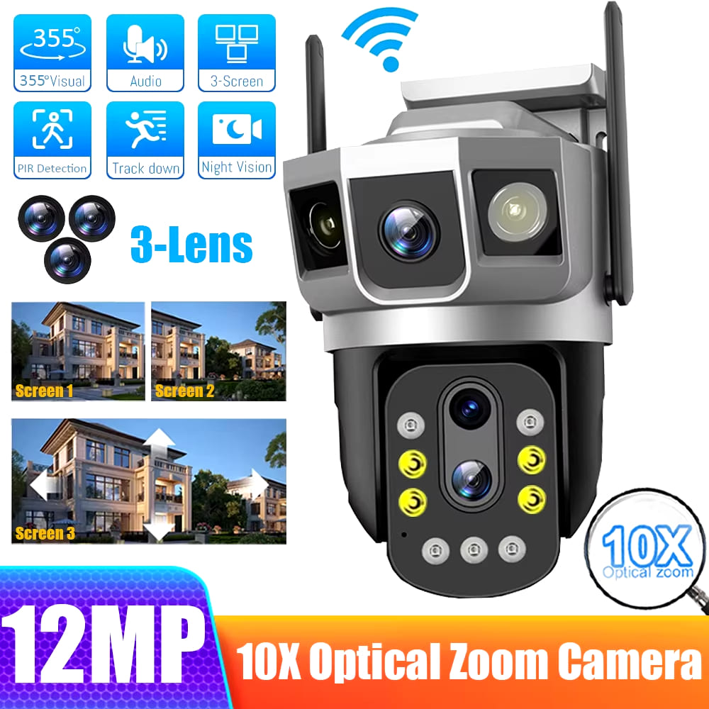 LS VISION 6K 12MP Wireless WIFI/4G IP Camera Three Lens 10X Optical Zoom CCTV Waterproof PTZ Auto Tracking Security Outdoors Webcam