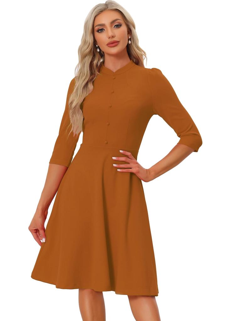 Allegra K Elegant A-Line Sheath Dress with Three-Quarter Sleeves and Stand Collar, Dark Orange, Size S