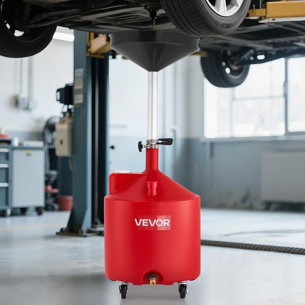 68L Waste Oil Drain Tank, Industrial Fluid Drain Tank with Adjustable Funnel Height, Portable Oil Drainer with Wheels, Fluid Fuel Transfer Drainage
