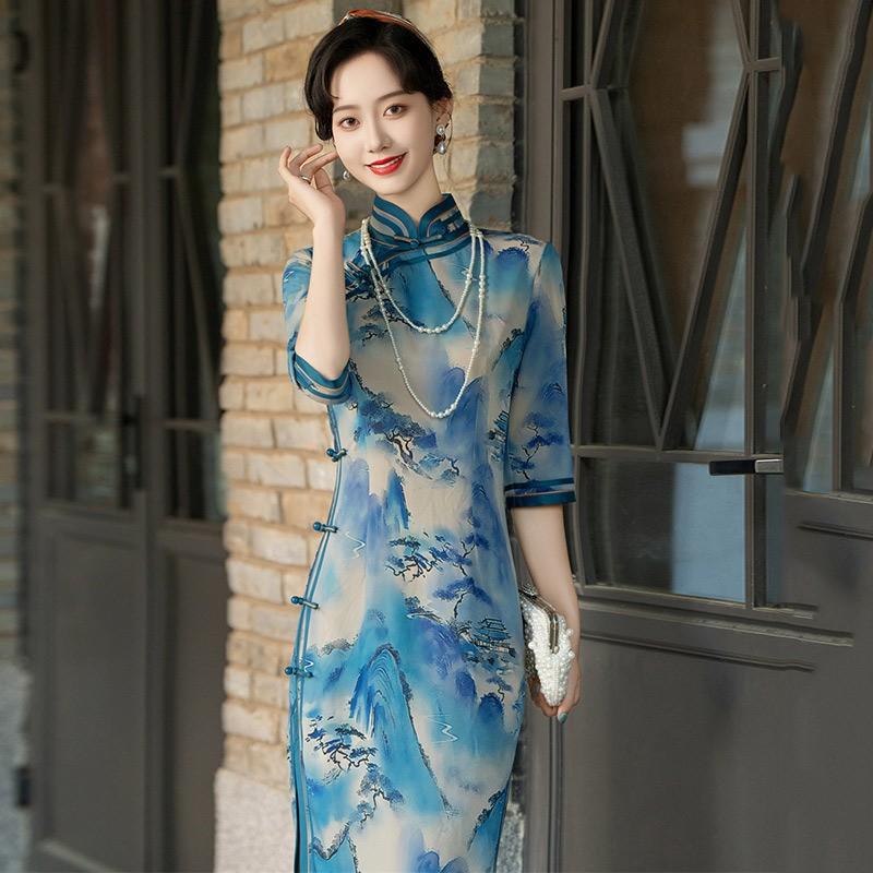 Elegant Vintage-Inspired Long Sleeve Cheongsam Dress Women Fall Slim Fit High-End Retro Style