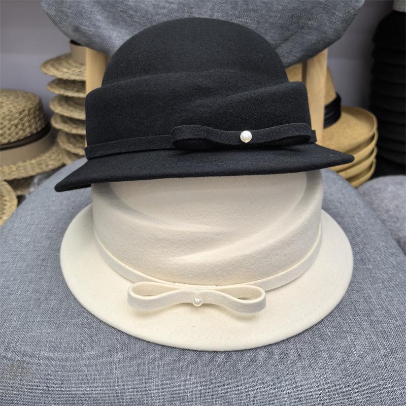 French fragrant Hepburn style wool hat bow curled top hat women's autumn and winter square face basin hat winter British top hat