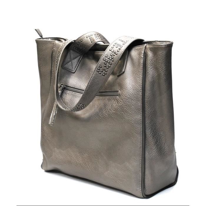 Sac shopping - LE TEMPS DES CERISES - Fresh - Gris canon de fusil - Toile enduite - Zippée