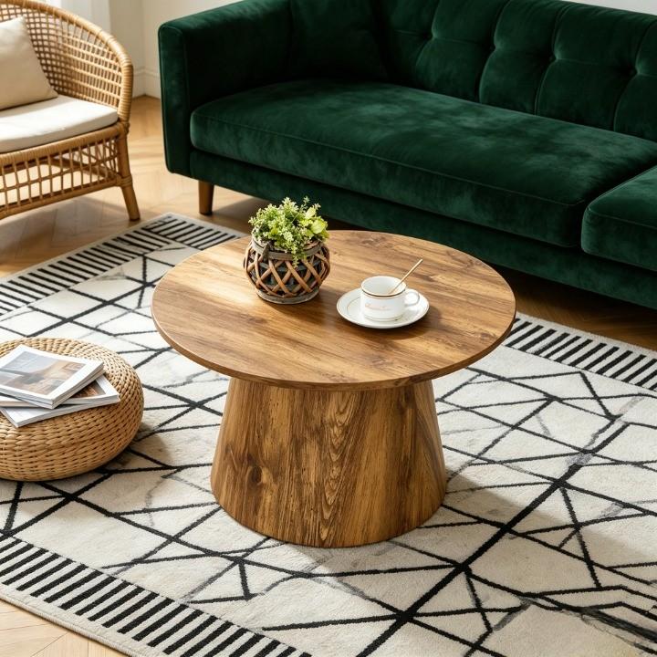 Round MDF Coffee Table, Natural Wood Look, 60 cm Diameter, 35 cm High, Wood-Effect Foil