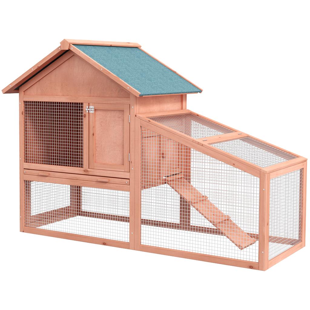 Wooden Rabbit Hutch with Ramp, 144x64.5x100 cm, Two-Tier Outdoor Small Animal Cage