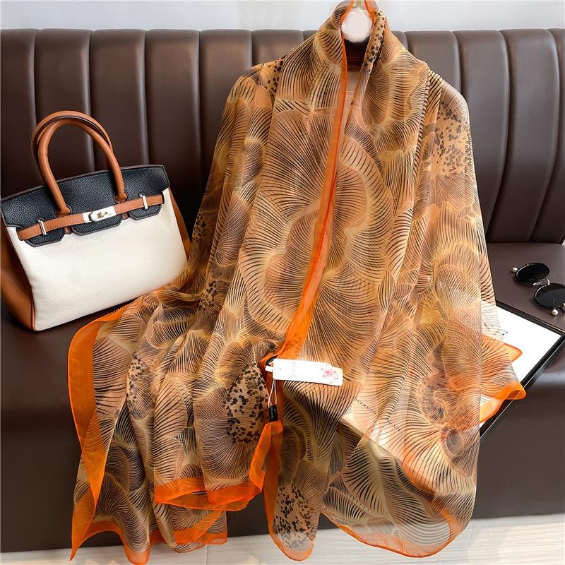 Large Shawl Commuter Sunscreen Light Luxury Silk Scarf Soft Yarn Scarf Women's Large Size Fashion Flower Temperament Simulation Silk