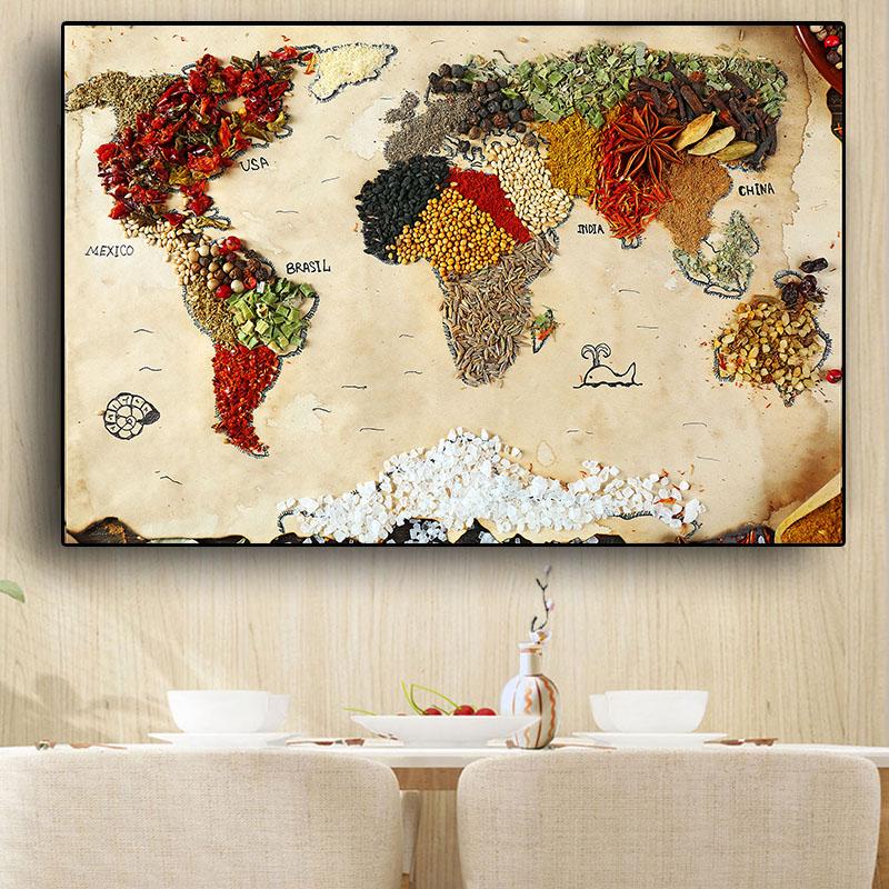 Grains Spices World Map Kitchen Canvas Painting Abstract Still Life Posters and Prints Pictures Living Room Home Decor No Frame