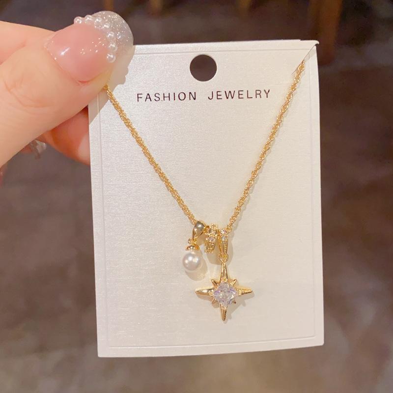 European American Cross-Border Personalized Fashion Zircon Octagonal Star Pendant Necklace Link 18K Gold Plated Stainless Gift