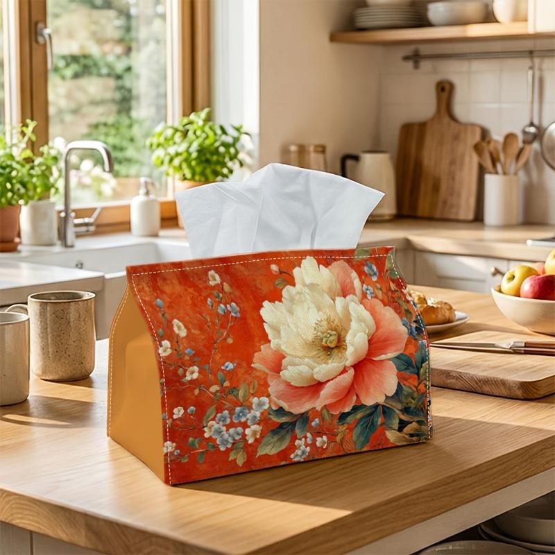 1pc Oil Painting Botanical Tissue Box-Peony Flower Orange & Green,Durable Napkin Organizer for Car,Kitchen,Dining,Home Decor-Decorative Tabletop Party
