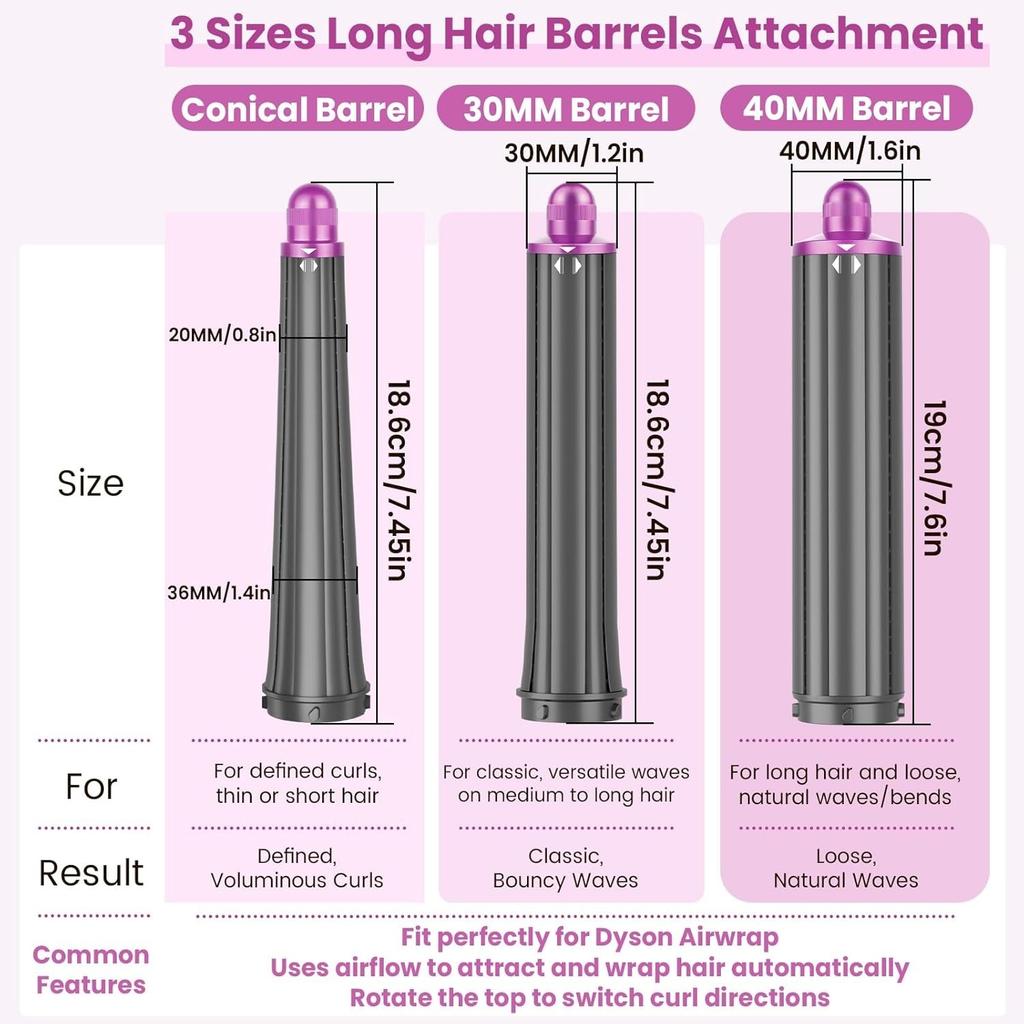 Long Hair Barrels Attachment Compatible with Dyson Airwrap HS01 HS05 HS08 Accessories, Automatic Curling Iron Curlers for Lazy Loose Inward